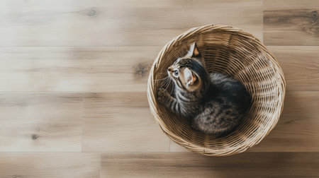 A cute cat rests in a cozy woven basket, showcasing its beautiful fur and curious expression. A tranquil moment captured in a serene indoor setting.の素材