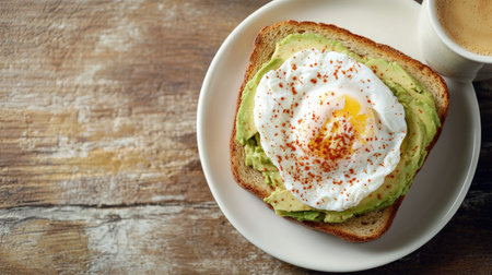 A delightful plate featuring avocado toast topped with a poached egg and spices. Perfect for breakfast or brunch, this simple dish is a healthy choice.の素材