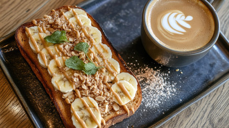 A delightful breakfast featuring a slice of banana toast topped with nuts and drizzled with sauce, accompanied by a creamy cup of coffee. Perfect for food lovers!の素材