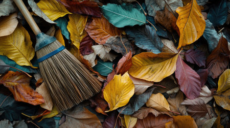 A vibrant scene featuring a broom among colorful autumn leaves on the ground, perfect for seasonal cleaning and nature-themed projects.の素材