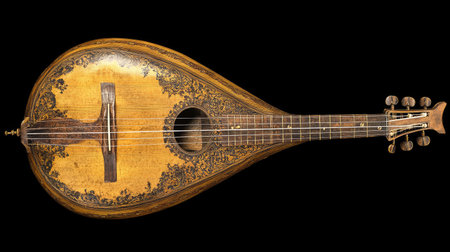 Explore the beauty of this antique lute featuring intricate woodwork and elegant design. A timeless piece that showcases traditional craftsmanship.の素材