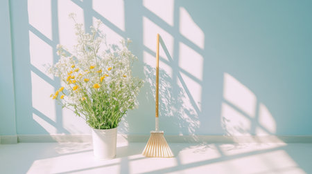 A serene indoor scene featuring a blooming flower arrangement in a white pot beside a broom, illuminated by soft sunlight casting shadows on a pastel wall.の素材