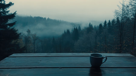 A tranquil morning scene featuring a coffee cup on a rustic wooden table, overlooking a misty forest landscape that invites relaxation and reflection.の素材