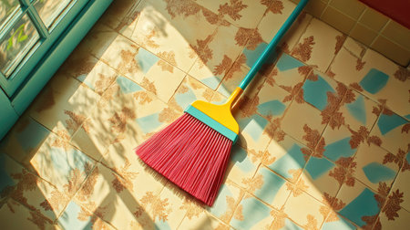 A colorful broom rests on a patterned floor, casting intriguing shadows. This vibrant scene captures the essence of home cleaning and domestic life.の素材