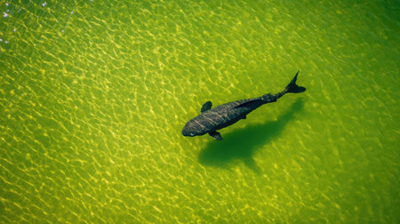 A solitary shark gracefully swims through crystal-clear green water, showcasing the beauty of marine life and underwater ecosystems in a tranquil setting.の素材