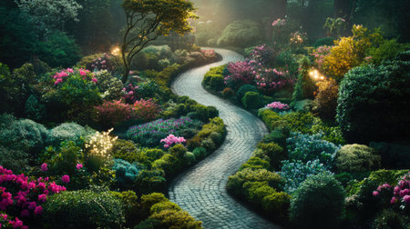 A tranquil garden pathway invites visitors to explore vibrant flowers and lush greenery, creating a serene outdoor escape filled with natural beauty.の素材