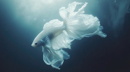 A mesmerizing white fish glides gracefully through dim waters, showcasing its delicate fins and serene beauty in a tranquil underwater setting.の素材