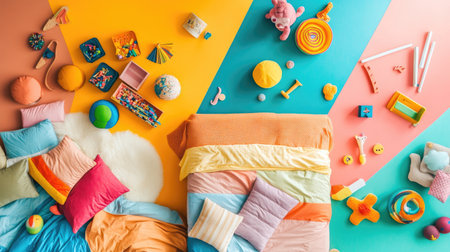 A vibrant and playful bedroom scene featuring colorful cushions and assorted toys. This lively arrangement showcases a cheerful atmosphere perfect for children and creativity.の素材