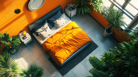 A vibrant modern bedroom featuring an orange accent wall, lush green plants, and cozy bedding. The space radiates warmth and tranquility, ideal for relaxation.の素材