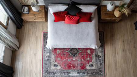 Discover a charming bedroom with soft bedding, stylish cushions, and a beautiful rug. This serene space combines elegance and comfort for a perfect retreat.の素材