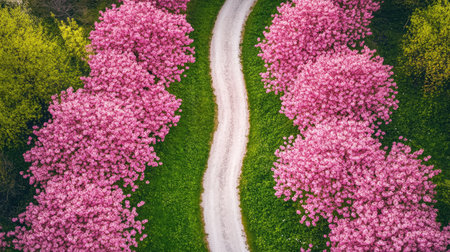 A stunning aerial view of a winding pathway bordered by vibrant pink blossoms and lush greenery, creating a serene and tranquil outdoor scene in spring.の素材