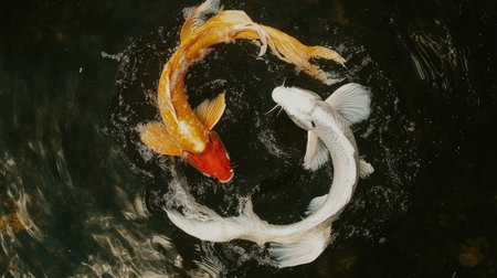 Two koi fish, one orange and one white, create a stunning circular pattern in clear water. This vibrant scene showcases the beauty of aquatic life and tranquility.の素材