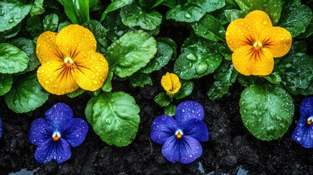 Freshly bloomed colorful flowers with raindrops glisten on their petals amidst lush green leaves, creating a vibrant, serene garden atmosphere.の素材