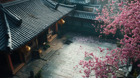 A serene courtyard showcasing vibrant cherry blossoms. Peaceful setting with traditional architecture, stone pathways, and fallen petals enhancing the tranquil atmosphere.の素材