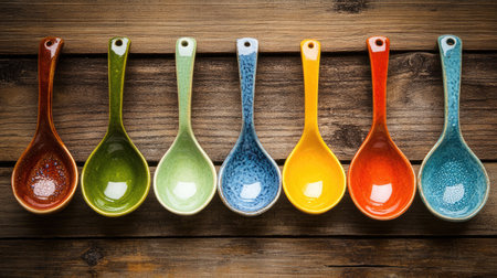 A vibrant collection of colorful ceramic spoons arranged neatly on a rustic wooden surface, ideal for adding charm to your kitchen decor or culinary designs.の素材