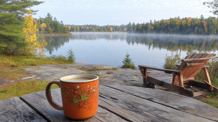 Enjoy a peaceful morning by the lakeside with a warm cup of coffee. The serene landscape features autumn foliage, mist, and a rustic chair inviting relaxation.の素材