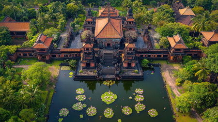 Discover the stunning aerial view of a vibrant Balinese temple surrounded by lush gardens and a serene pond filled with lotus flowers, showcasing cultural heritage.の素材
