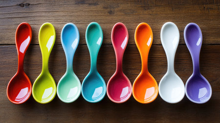 A vibrant arrangement of colorful ceramic spoons on a rustic wooden surface. Perfect for kitchen decor, food styling, or culinary inspiration.の素材
