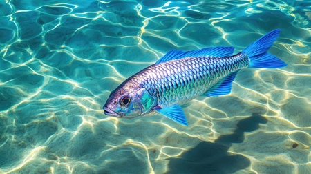 A vibrant fish glides through crystal-clear water, showcasing its brilliant colors against the serene backdrop of the tropical lagoon. Perfect for aquatic themes.の素材
