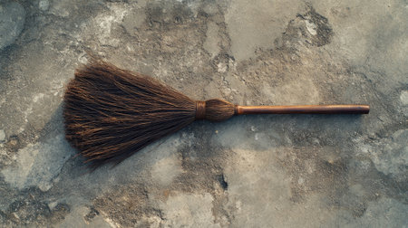 A traditional broom resting on a rough concrete surface, showcasing its wooden handle and natural bristles. Ideal for themes of cleanliness and rustic charm.の素材