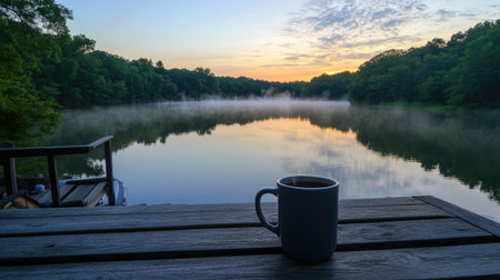 Enjoy a tranquil morning scene by the lake, featuring a foggy water reflection illuminated by sunrise and a mug of coffee on a wooden table.の素材