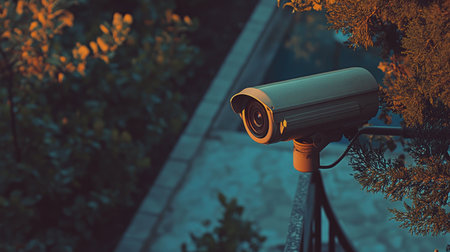 A modern outdoor security camera installed in a peaceful garden, highlighting its surveillance capabilities while blending with the serene environment.の素材