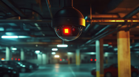 A surveillance camera is installed in a dimly lit parking garage, providing security and monitoring capabilities. The red light indicates active observation.の素材