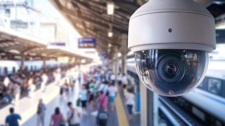 A close-up of a surveillance camera overlooking a busy train station, capturing the motion of travelers. This image highlights urban transport and public safety dynamics.の素材