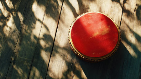 A vibrant red drum sits on a wooden surface, casting enchanting shadows. The warm tones and textures create a serene atmosphere, perfect for artistic themes.の素材