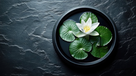 A serene composition featuring a delicate water lily surrounded by lush green leaves, resting on a dark slate background, perfect for tranquil themes.の素材