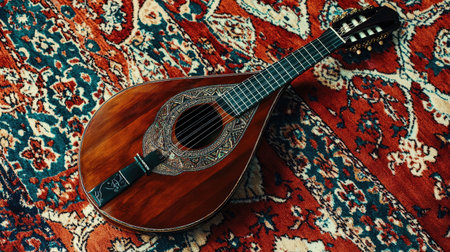A beautiful mandolin rests on a colorful vintage rug, highlighting the intricate craftsmanship and warm tones of the wood, perfect for music enthusiasts and art lovers alike.の素材