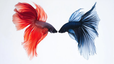 Two vibrant betta fish, one red and one blue, elegantly swim together, showcasing their stunning fins and colors against a soft backdrop, symbolizing harmony.の素材