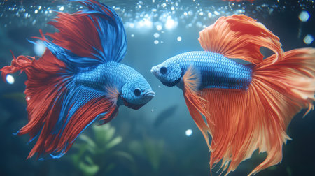 Two vibrant betta fish showcase their stunning colors in an aquarium, creating a captivating underwater scene filled with tranquility and beauty.の素材