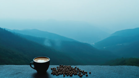 A tranquil scene featuring a coffee cup next to coffee beans, overlooking misty mountains. Ideal for conveying relaxation and natural beauty in your projects.の素材