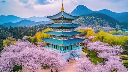 A stunning view of a traditional temple surrounded by cherry blossoms and majestic mountains, showcasing the beauty of spring in nature's embrace.の素材