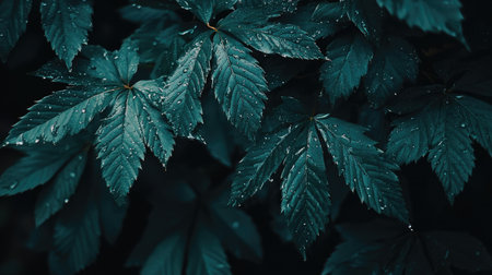 A stunning close-up of vibrant green leaves adorned with water droplets, showcasing the beauty and freshness of nature. Perfect for backgrounds or botanical themes.の素材