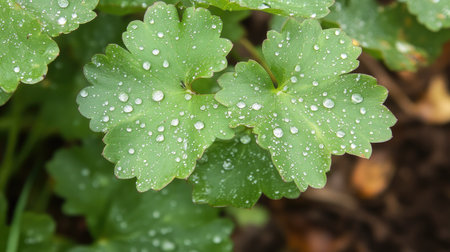Close-up view of fresh green leaves adorned with water droplets, showcasing nature's beauty and vitality. Perfect for themes of growth and freshness.の素材