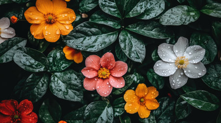 This stunning close-up showcases vibrant flowers with dew drops resting on lush green leaves, creating a serene and refreshing natural scene perfect for any nature-themed project.の素材