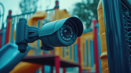A detailed view of a security camera installed at a playground, ensuring the safety of children. The vibrant colors of the equipment enhance the outdoor scene.の素材