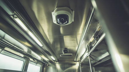 A sleek modern ceiling featuring a security camera and vibrant lighting fixtures, showcasing the blend of technology and contemporary design in indoor spaces.の素材