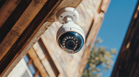 A security surveillance camera is mounted on a building exterior, providing monitoring and protection for urban environments. The image showcases modern technology in action.の素材
