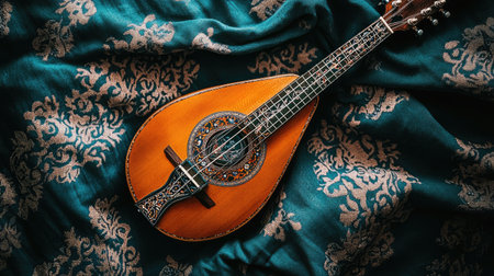 A beautifully crafted mandolin rests on an elegant fabric. The intricate details and warm wood tones create a captivating visual ideal for arts and music themes.の素材