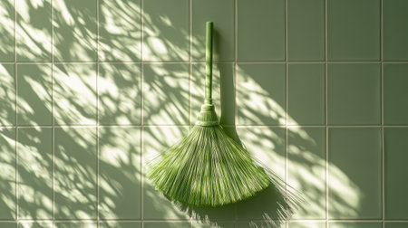 A vibrant green broom hangs against a tiled wall, creating intricate shadow patterns. This minimalist composition highlights the beauty of everyday cleaning tools in a domestic setting.の素材