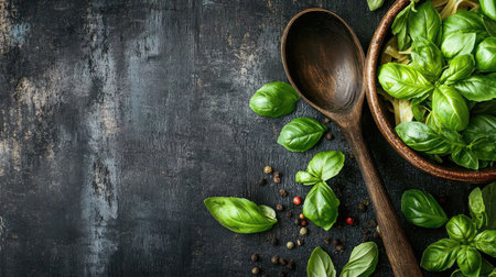 A vibrant arrangement of fresh basil leaves alongside a wooden spoon and pepper seeds on a rustic surface, perfect for culinary inspiration.の素材