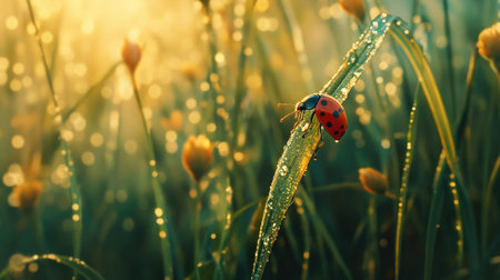 A close-up view of a ladybug perched on a blade of dew-covered grass in the soft morning light. The serene atmosphere captures the beauty of nature.の素材