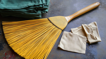 A flat-lay image depicting essential cleaning tools including a broom, cloths, and a dustpan. Ideal for cleaning and organization concepts.の素材