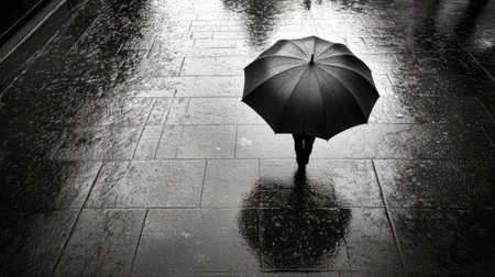 A solitary figure walks with a black umbrella on a wet pavement, creating a serene and reflective atmosphere in a monochrome urban setting.の素材