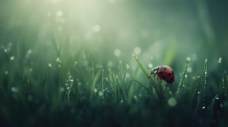 A close-up of a ladybug perched on dewy grass, illuminated by soft light. This tranquil nature scene captures the beauty and detail of the insect in its environment.の素材