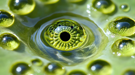 A stunning close-up of a green droplet resting on a leaf, showcasing intricate textures and reflections. Ideal for nature and eco-themed projects.の素材