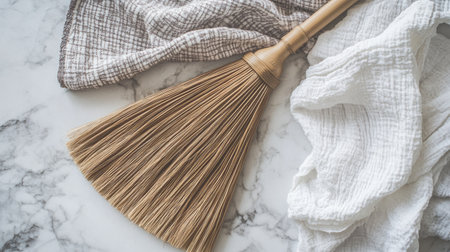 A stylish broom placed beside soft fabrics on a marble surface, perfect for showcasing cleanliness and natural home decor. Ideal for lifestyle themes.の素材